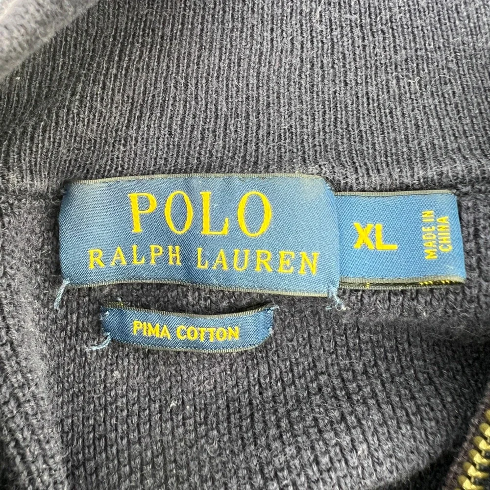 Polo Ralph Lauren Mens XL Navy Blue Pima Cotton 1/4 Zip Sweater Orange Pony Logo